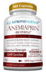 Approved Science Anemiaprin bottle with capsules showing gentle iron for stomach comfort.