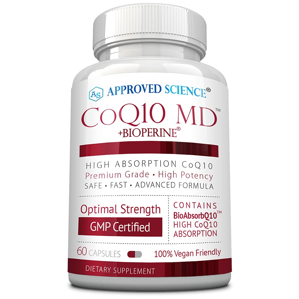 Approved Science CoQ10 MD bottle showing 300 mg potency and Bioperine for absorption.