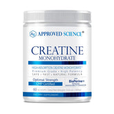 Approved Science Creatine Monohydrate bottle pour showing convenient post-workout use