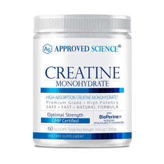 Approved Science Creatine Monohydrate bottle pour showing convenient post-workout use