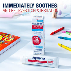 Label closeup of Aquaphor Children's Itch Relief Ointment for fragrance-free care.
