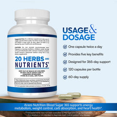 Arazo Nutrition Blood Sugar 365 ingredient list highlights the blend of botanicals.
