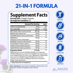 Arazo Nutrition Liver Cleanse capsules close-up highlighting milk thistle and nourishment.