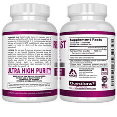 Label detail showing potency and purity on Arazo Nutrition bottle.