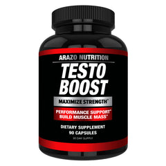 Arazo Nutrition TestoBoost bottle highlighting natural herbal blend for performance support.