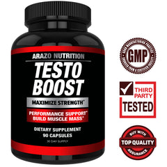 TestoBoost pills displayed to suggest stamina and muscle growth potential.