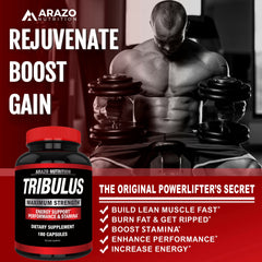 Arazo Nutrition Tribulus terrestris label closeup emphasizing safety and GMP origin