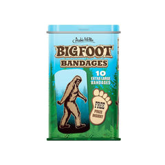 Archie McPhee Bigfoot Bandages shown in a sturdy metal tin for easy storage.