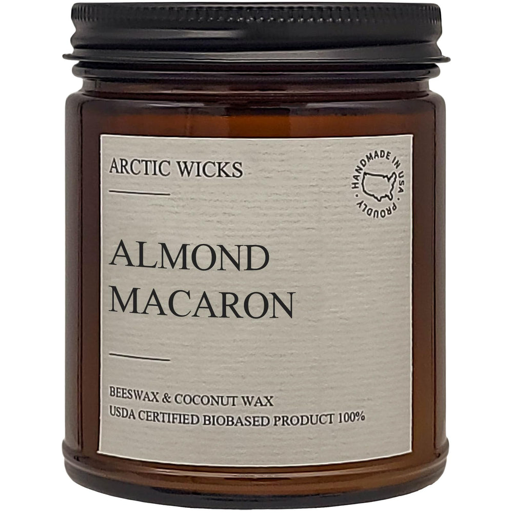 Arctic Wicks Almond Macaron candle emits warm aroma, ideal for relaxing evenings and cozy spaces.