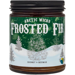 Arctic Wicks Frosted Fir candle in amber jar for a cozy, clean fragrance.