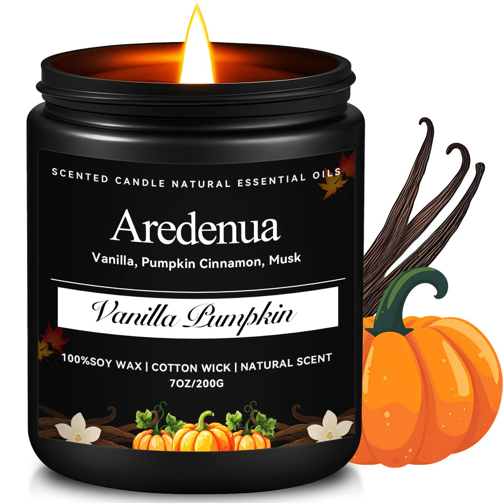 Aredenua Vanilla Pumpkin Candle burning to warm a cozy living room ambiance.