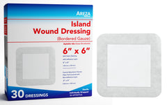 Areza Medical bordered gauze island dressing 6x6 sterile on wound site for secure protection.
