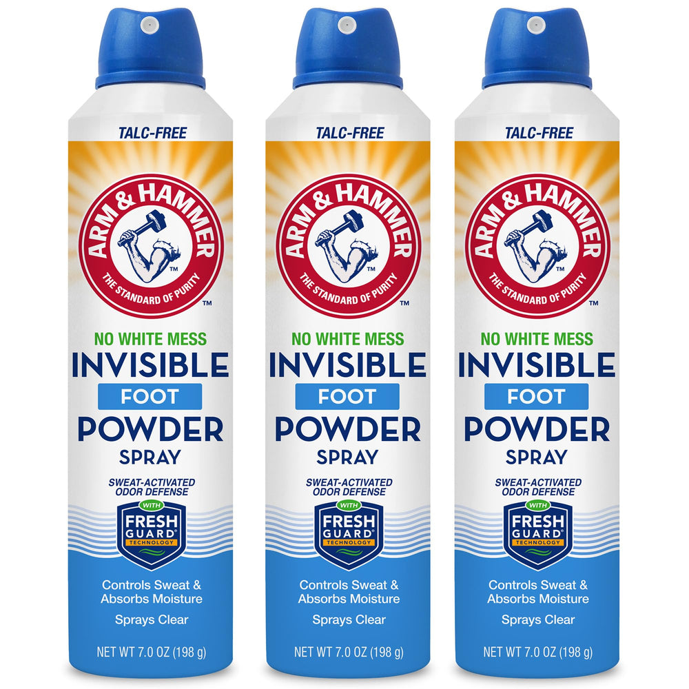 Arm and Hammer invisible foot powder spray bottle applies a clear mist for mess-free dryness