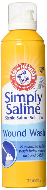 Arm & Hammer Simply Saline Wound Wash bottle pour shows gentle cleansing action