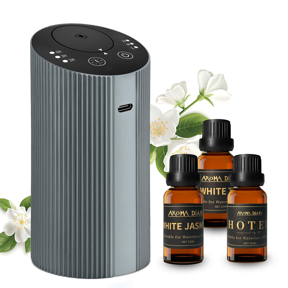 Aroma Diary waterless diffuser front view in silvergrey for long-lasting home fragrance.