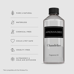 Aroma360 Chandelier fragrance oil label close-up showing premium bergamot-saffron blend.