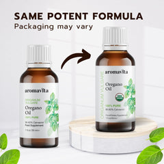 Close-up of oregano oil label highlighting carvacrol potency for natural support.