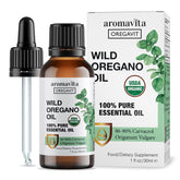 AROMAVITA Wild Oregano Oil bottle highlights pure, undiluted oregano from Greece for versatile wellness.