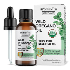 AROMAVITA Wild Oregano Oil bottle highlights pure, undiluted oregano from Greece for versatile wellness.