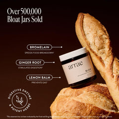 Arrae Bloat packaging display emphasizes natural ingredients for gut comfort