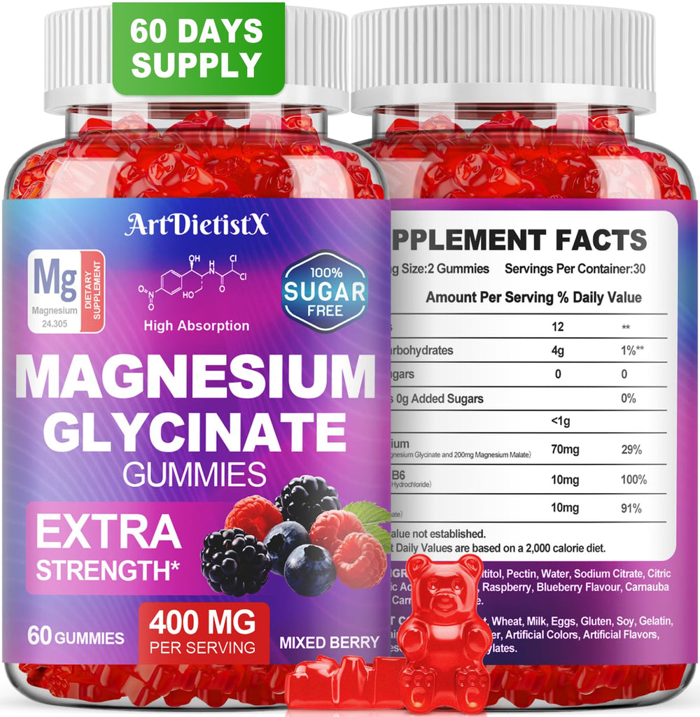 ArtDietistX magnesium gummies raspberry flavor bottle for relaxed evenings.