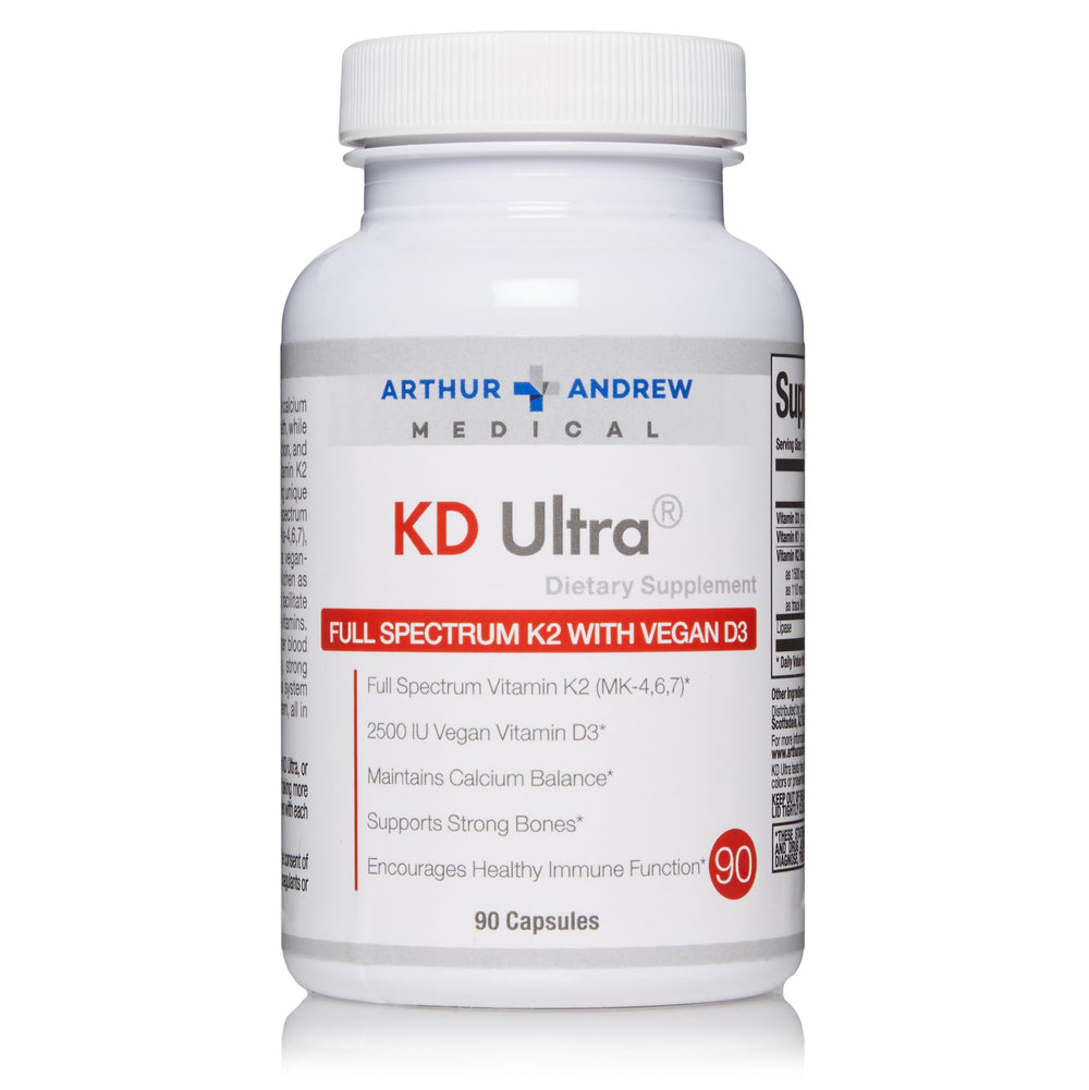 Arthur Andrew Medical KD Ultra bottle front shows vegan D3 and K2 for bone support.