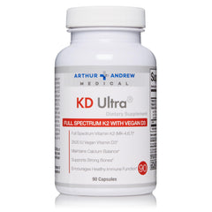 Arthur Andrew Medical KD Ultra bottle front shows vegan D3 and K2 for bone support.