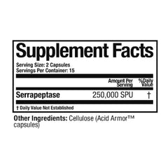Arthur Andrew Medical Serretia bottle back label highlights ingredients and 250,000 SPU potency