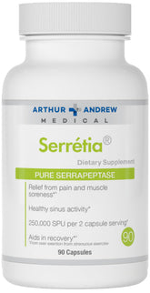 Arthur Andrew Medical Serretia bottle closeup highlighting serrapeptase for recovery support