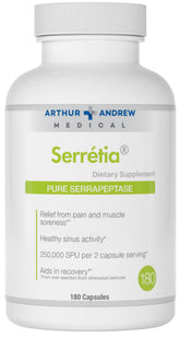Arthur Andrew Medical Serretia bottle front for daily muscle support and sinus comfort.