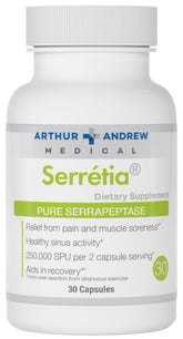 Arthur Andrew Medical Serretia bottle front shows high potency enzyme for active recovery