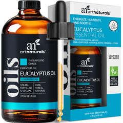 ArtNaturals Eucalyptus Essential Oil bottle close-up for diffuse aroma and skin-friendly use