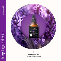 artnaturals lavender essential oil dropper close-up with label.