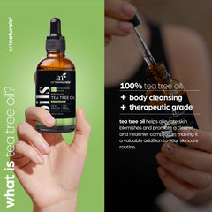Artnaturals Tea Tree Oil bottle label highlights purity and GC/MS testing.