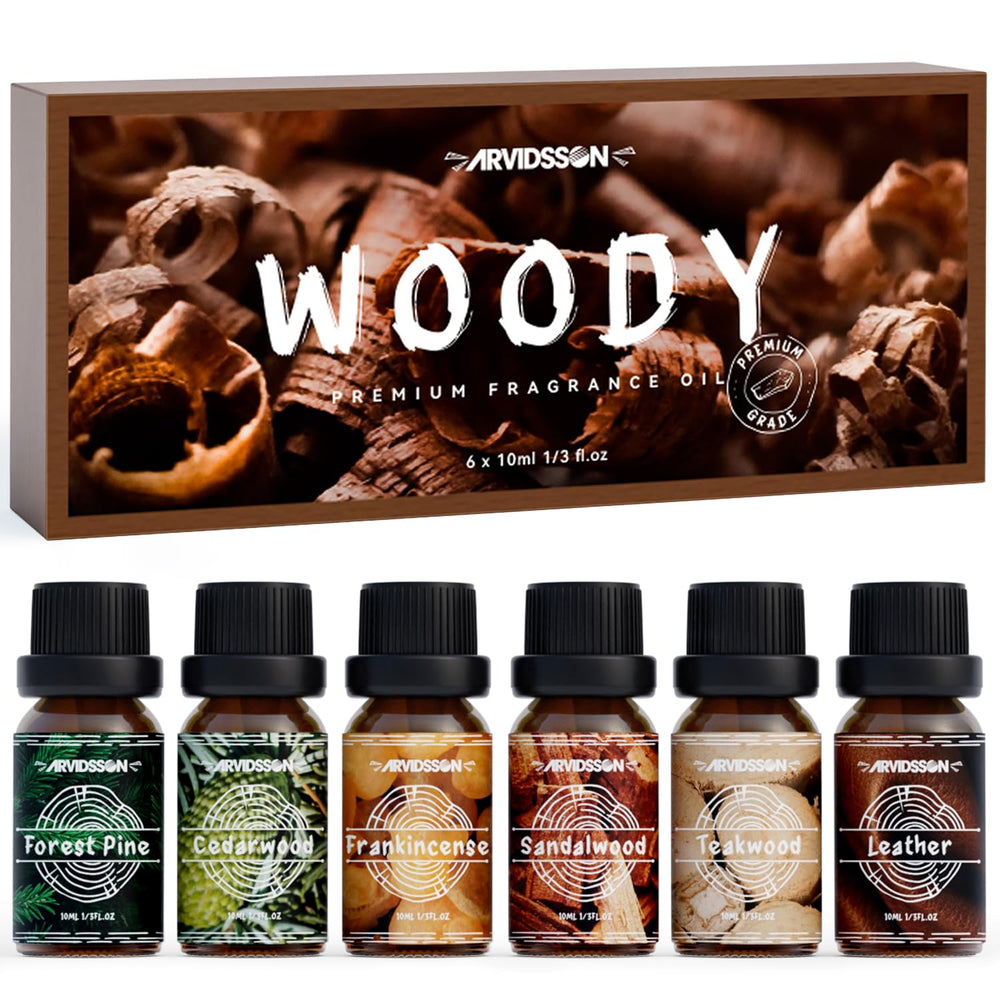 ARVIDSSON Woody Oils sandalwood bottle for calming diffusers and handmade candles.