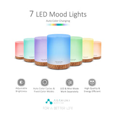 ASAKUKI diffuser shows seven LED colors for customizable mood lighting.
