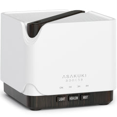 ASAKUKI essential oil diffuser closeup on wooden brown base for calm ambiance