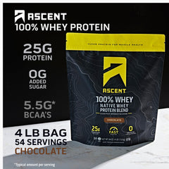 Ascent Whey Protein powder scoop illustrating 25g protein per serving