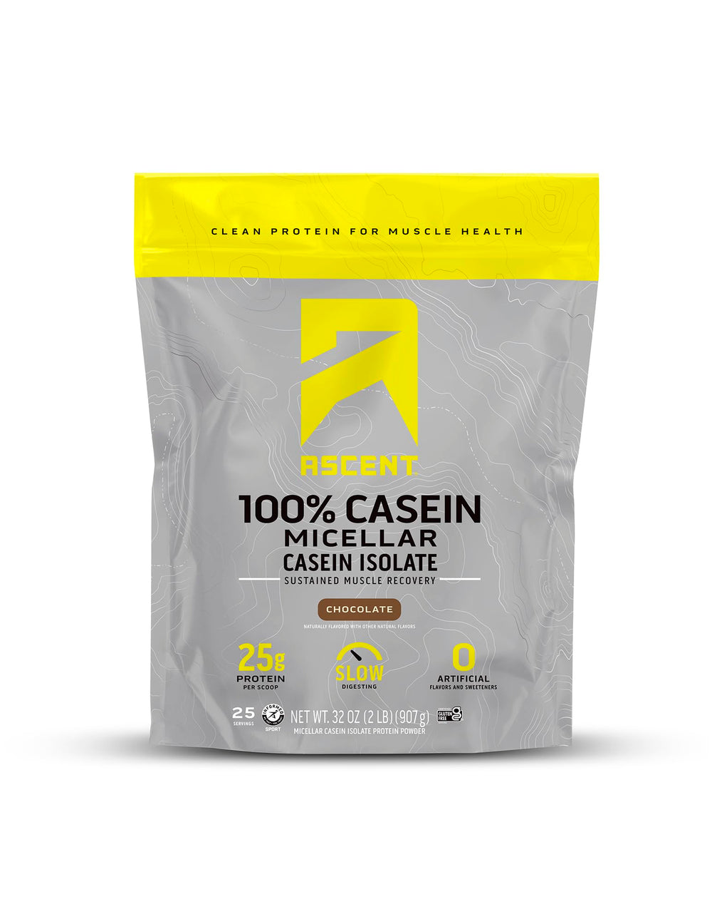 Ascent Casein Chocolate tub label highlights high protein per serving for recovery