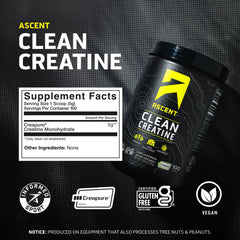 Ascent Clean Creatine unflavored powder, easy to mix with beverages.