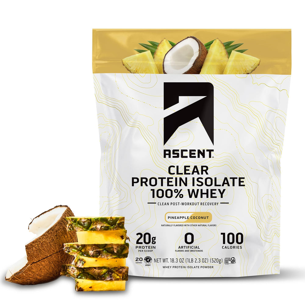 Ascent Clear Whey Pineapple Coconut bottle for refreshing post-workout recovery