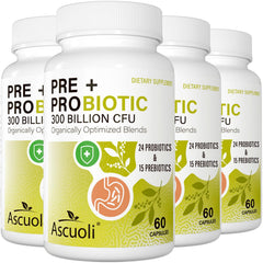 Ascuoli Probiotics bottle front shows daily gut support for overall wellness.
