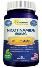 aSquared Nicotinamide with CoQ10 bottle provides energy support.