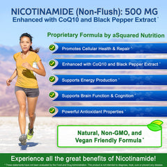 aSquared Nicotinamide with CoQ10 capsules provide energy support.