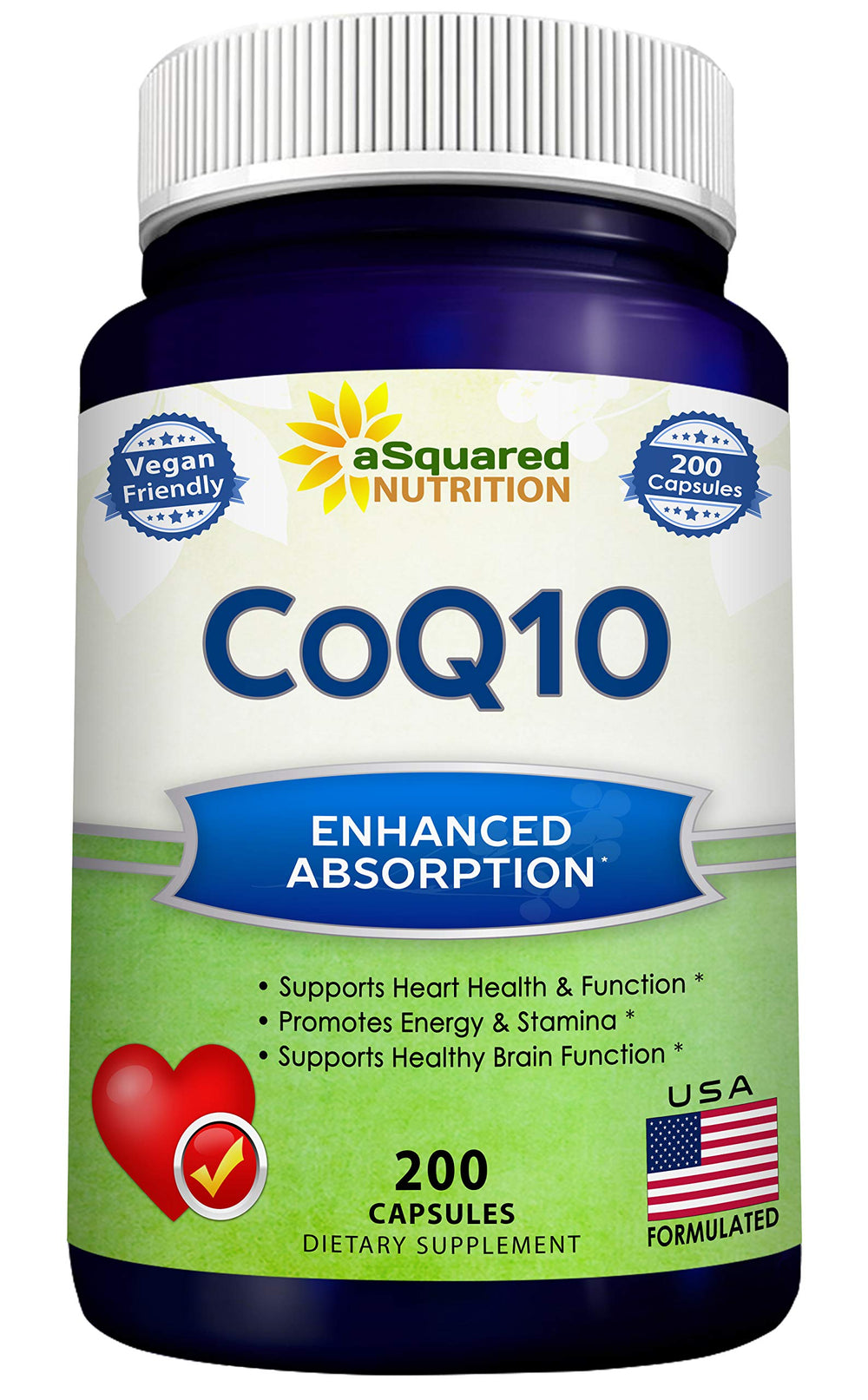 aSquared Nutrition CoQ10 capsules on bottle with potential daily energy support