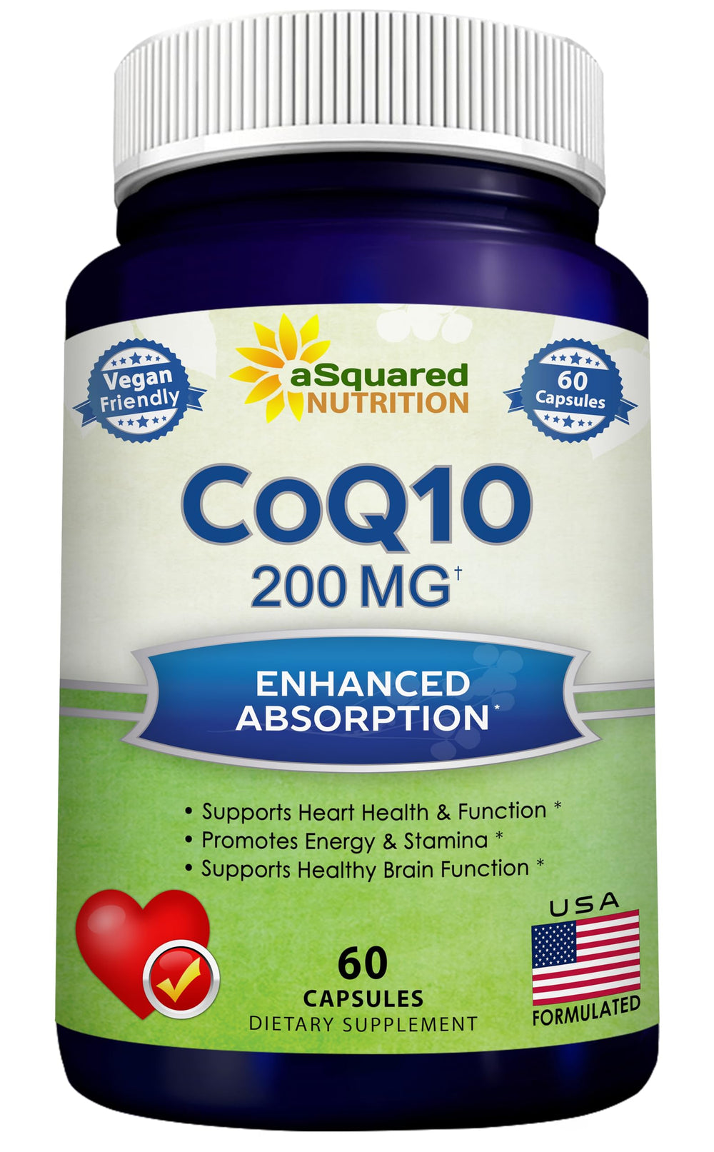 aSquared Nutrition CoQ10 bottle front view highlighting vegan formula for energy and heart support.