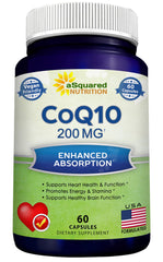 aSquared Nutrition CoQ10 bottle front view highlighting vegan formula for energy and heart support.