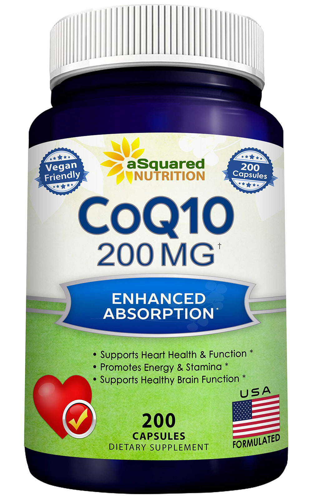 aSquared Nutrition CoQ10 bottle showing vegan antioxidant capsule formula for daily wellness