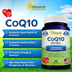 aSquared Nutrition CoQ10 label detail focusing on vegan and non-GMO claims.