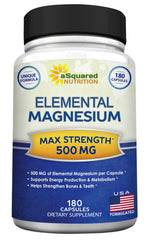 Asquared Nutrition Magnesium 500mg bottle front promotes daily calm and balanced energy.